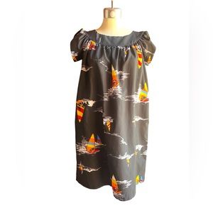 Vintage Hawaiian Aloha Shift Dress Tulip Sleeve L-XL